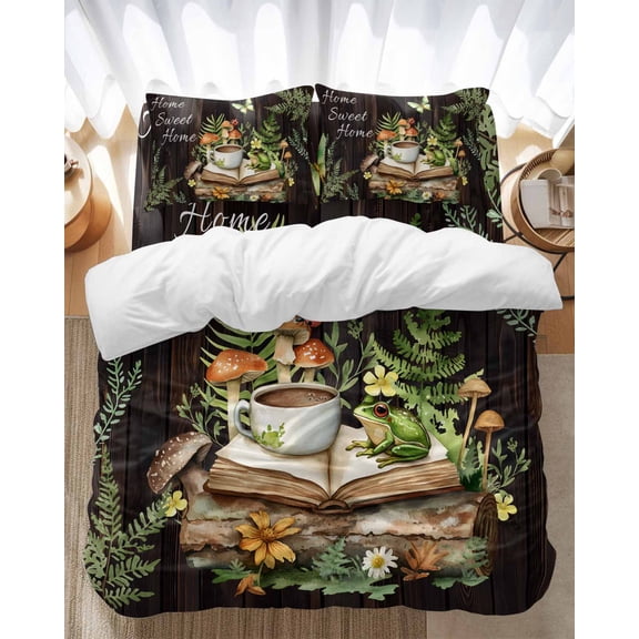 Pastoral Plant Bedding Duvet Cover Set Twin Size 4 Pieces Home Sweet Frog Butterfly Coffee Book Bedding Set with Zipper Closure, 1 Comforter Cover 68x86 Inches 1 Flat Sheet & 2 Pillow Cases