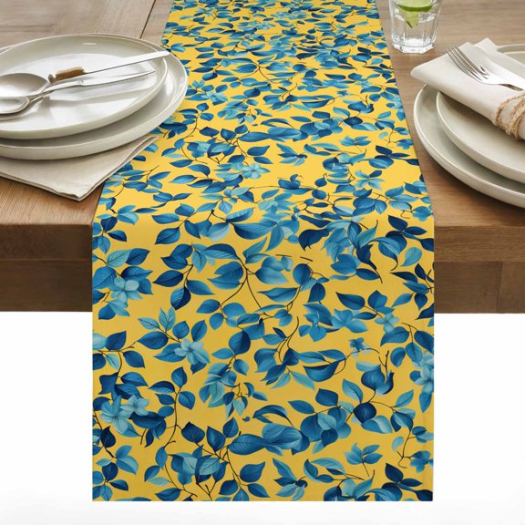 Pastoral Plant Cotton Linen Table Runner Blue Leaf Branch Yellow Background Dining Table Runners for Home Decor Party Dining Room Restaurant Kitchen 13" x 60"