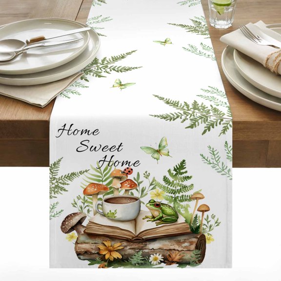 Pastoral Plant Cotton Linen Table Runner Sweet Butterfly Coffee Book Frog Dining Table Runners for Home Decor Party Dining Room Restaurant Kitchen 13" x 36"