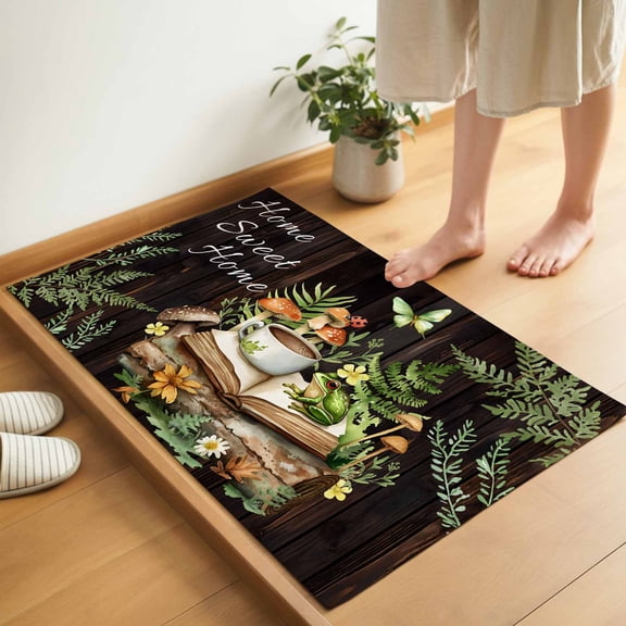 Pastoral Plant Door Mat 16x24 Inch Home Sweet Frog Butterfly Coffee Book Entryway Rug with Non-Slip Rubber, Inside Floor Mats Front Door Rug for Living Room Bathroom Bedroom Home Office