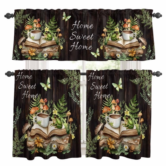 Pastoral Plant Kitchen Curtains Valance and Tier Set Home Sweet Frog Butterfly Coffee Book Rod Pocket Short Curtains for Small Window 3 Pieces Set for Bedroom Bathroom Cafe (54" x 18"+27" x 24")