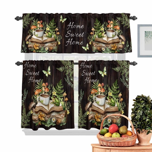 Pastoral Plant Kitchen Curtains Valances 3 Piece Set, Home Sweet Frog Butterfly Coffee Book Rod Pocket Tier Curtain and Valance Drapes for Small Window 24 Inch Length for Bedroom Cafe