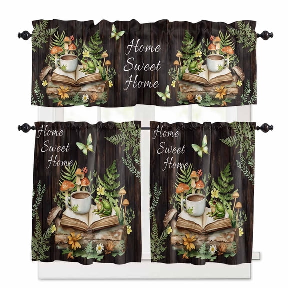 Pastoral Plant Kitchen Curtains and Valances Set, Home Sweet Frog Butterfly Coffee Book Rod Pocket Window Valance 18 Inch Window Curtain Panels for Living Room Bedroom Laundry, 27.5x24in, 3 Pieces