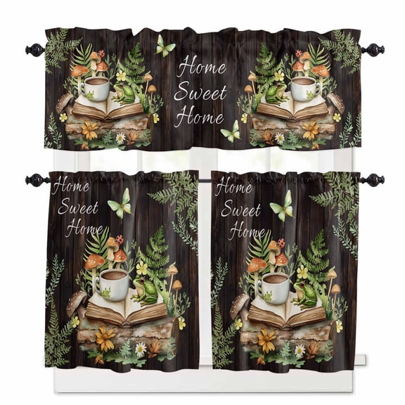 Pastoral Plant Kitchen Curtains Valances and Tiers Set of 3 Home Sweet Frog Butterfly Coffee Book Tier Curtains and Valance for Kitchen Bathroom Small Windows 27.5"W x 24"L (Pack of 3)