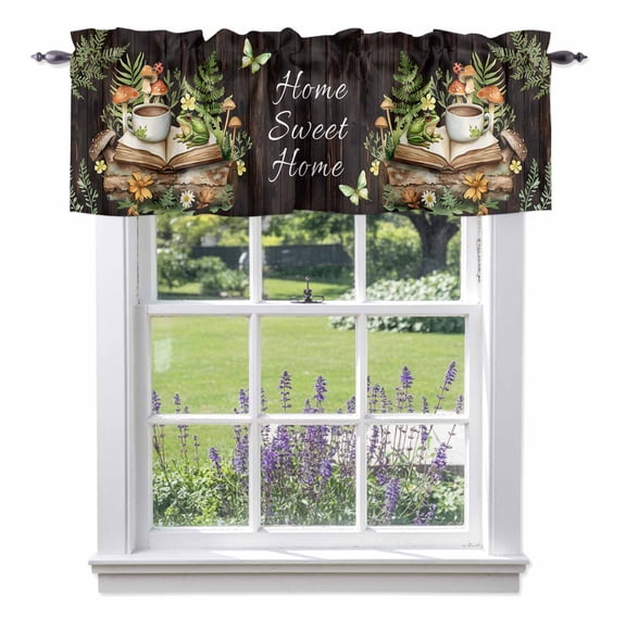 Pastoral Plant Kitchen Valances, Home Sweet Frog Butterfly Coffee Book Rod Pocket Window Valance 18 Inch Long,&nbsp;Window Curtain Panels for Living Room Bedroom Laundry, 54x18in