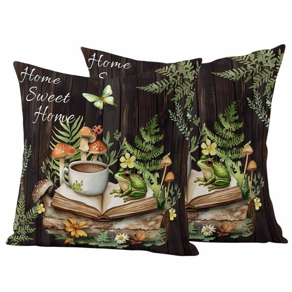 Pastoral Plant Pillow Covers 2 Pack Home Sweet Frog Butterfly Coffee Book Pillowcase Waterproof Outdoor Throw Pillow Cover for Patio Garden Square Cushion 16”x16”