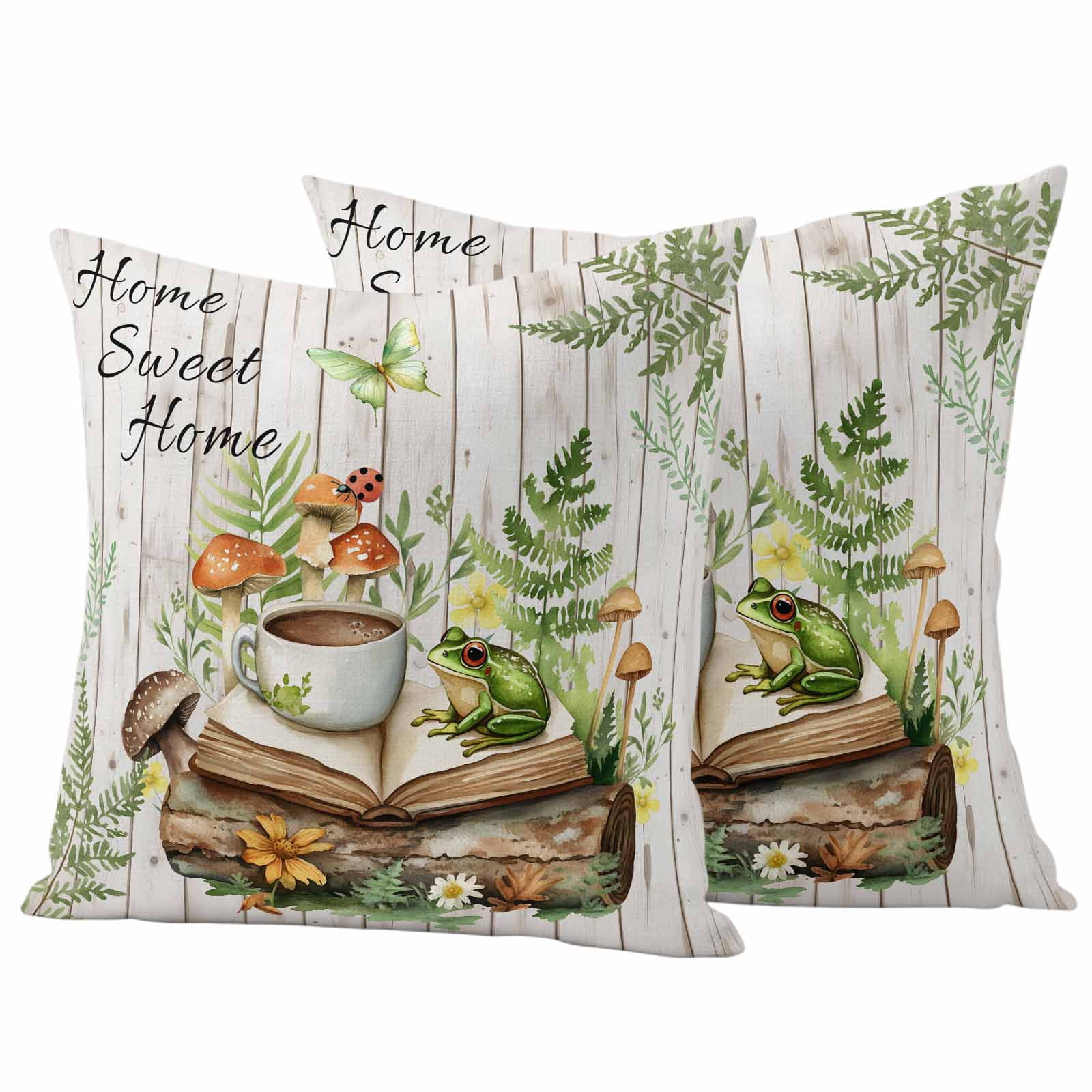 Pastoral Plant Pillow Covers 2 Pack Sweet Butterfly Coffee Book White Wood Pillowcase Waterproof Outdoor Throw Pillow Cover for Patio Garden Square Cushion 24”x24”