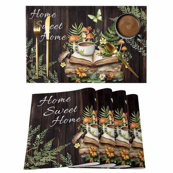 Pastoral Plant Placemats Set of 1, Home Sweet Frog Butterfly Coffee Book Non-Slip Place Mats Washable Table Mats for Kitchen Dining Table Decorations Indoor/Outdoor