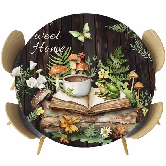 Pastoral Plant Round Fitted Table Cover Home Sweet Frog Butterfly Coffee Book Waterproof Table Cloth with Elastic Edge Wipeable Tablecloth for Picnic Camping Party Fits 36"-44" Diameter