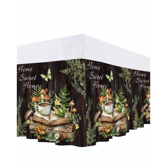 Pastoral Plant Ruffle Bed Skirt Queen Size Home Sweet Frog Butterfly Coffee Book Adjustable Elastic Dust Bed Skirts Wrap Around Bedskirt Wrinkle Free Easy Fit with 16 Inch Drop