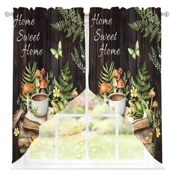 Pastoral Plant Sheer Curtains Swag Valances for Windows Home Sweet Frog Butterfly Coffee Book Rod Pocket Swag Curtain Small Window Curtain for Kitchen Living Room Bedroom, 1 Pair 28"W x 36"L