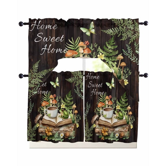 Pastoral Plant Swag Valance and Tier Curtains Set Home Sweet Frog Butterfly Coffee Book Kitchen Curtains 3 Piece Set Rod Pocket Panels for Bedroom Cafe Swag Valances and 36 inches Tiers