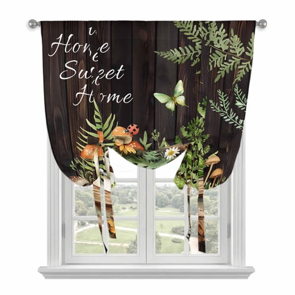 Pastoral Plant Tie Up Curtain for Window, Home Sweet Frog Butterfly Coffee Book Adjustable Tie Up Balloon Curtain Valances Rod Pocket Window Treatment for Kitchen Bathroom Bedroom 34"x45"