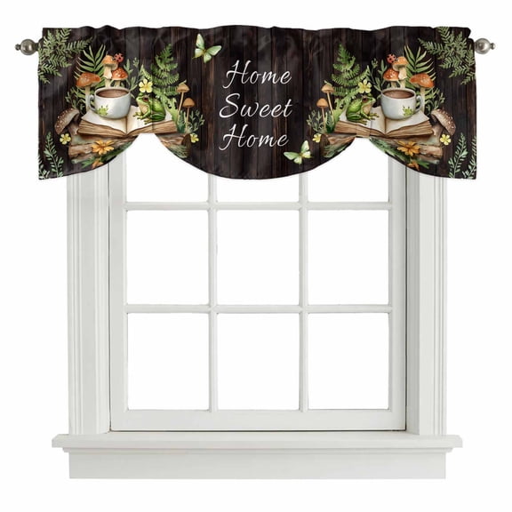 Pastoral Plant Tie Up Valance for Windows, Home Sweet Frog Butterfly Coffee Book Adjustable Rod Pocket Tie Up Valance Curtains Window Treatment for Kitchen Bathroom Bedroom 42 X 12 Inch