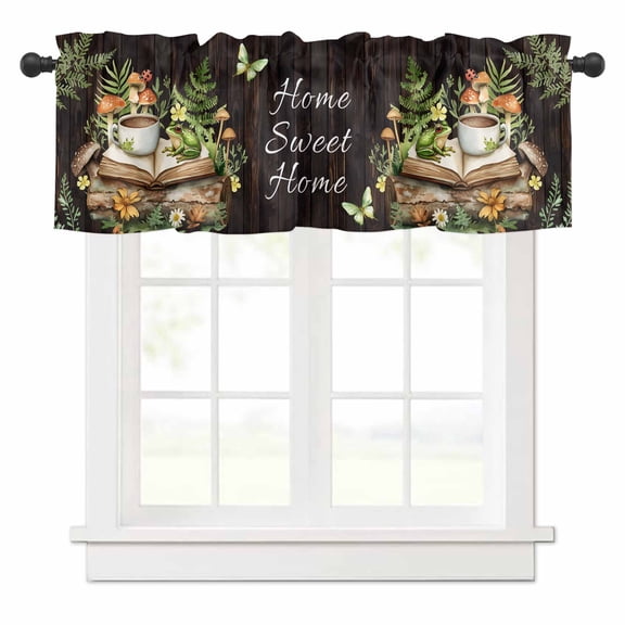 Pastoral Plant Valances for Windows Home Sweet Frog Butterfly Coffee Book Rod Pocket Curtain Valance Window Treatment Short Curtains for Kitchen Living Room, 58"x16"