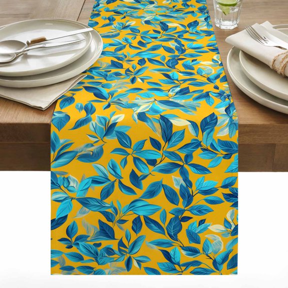 Pastoral Plants Cotton Linen Table Runner Blue Leaves Simple Yellow Background Dining Table Runners for Home Decor Party Dining Room Restaurant Kitchen 13" x 36"