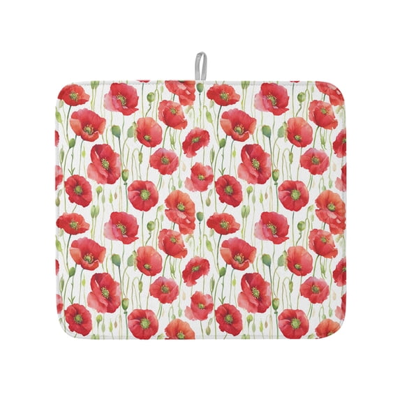 Pastoral Poppy Floral Field Dish Drying Mats for Kitchen Counter,Absorbent Microfiber Dish Drainer Rack Mat Watercolor Red Flower Plant Drying Pad for Sinks,Utensils,Countertops,16x18in