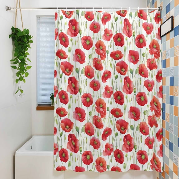 Pastoral Poppy Floral Field Shower Curtain for Bathroom, Watercolor Red Flower Plant Waterproof Shower Curtains Washable Quick Dry with Hooks Bathtub Curtains 36x72IN