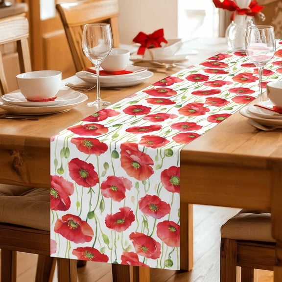 Pastoral Poppy Floral Field Table Runner 36 Inches Long,Kitchen Dining Tablerunners Watercolor Red Flower Plant Linen Table Runners Dresser Scarves for Home Dinner Wedding Holiday Party Decor