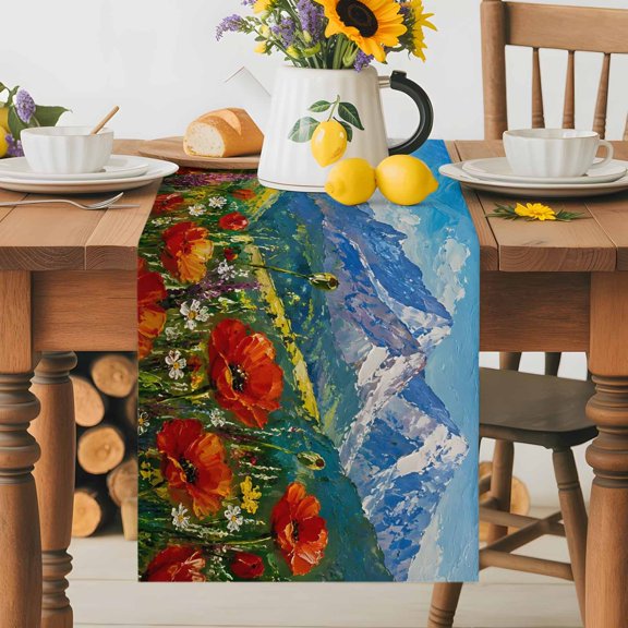 Pastoral Poppy Flower Wildflower Table Runner 36 Inches Long, Snow Mountain Tree Sky Cloud Table Runners Tabletop Scarf Kitchen Dining Tables Decoration for Home Party Indoor Outdoor