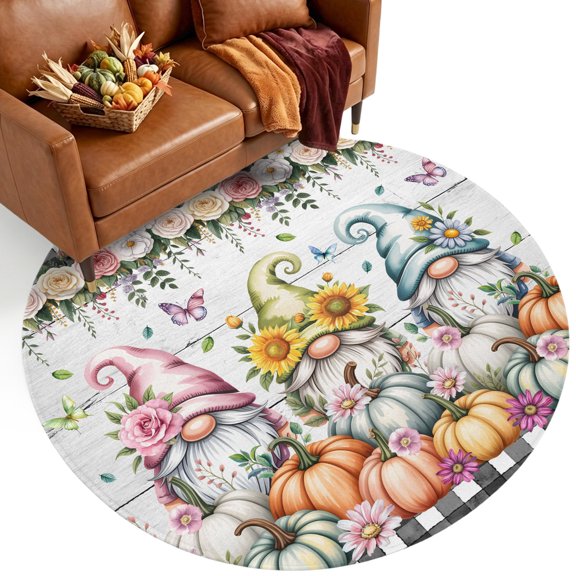 Pastoral Pumpkin 3.3' Round Washable Rugs for Bedside Reading Corner, Gnome Pink Flower Sunflower White Wood Stain Proof Non Slip Circle Area Rug for Entryway Front door