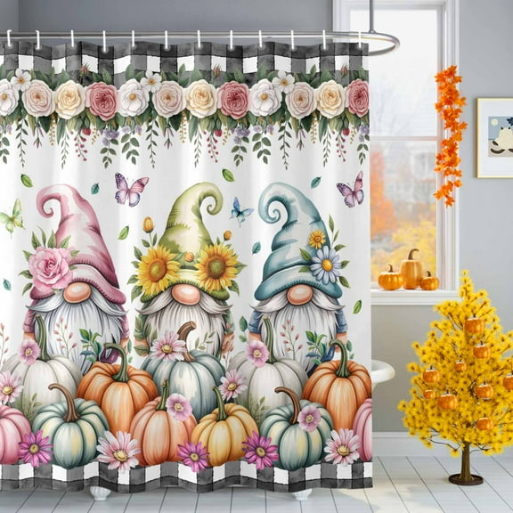 Pastoral Pumpkin Shower Curtains for Bathroom, Gnome Pink Flower Sunflower Plaid Waterproof Fabric Shower Curtain for Bathroom Bathtub Decoration, Machine Washable, 36"x72"