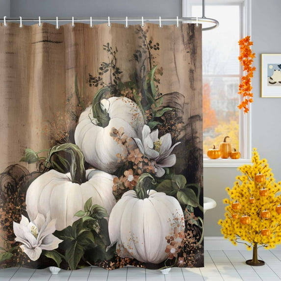 Pastoral Pumpkin Shower Curtains for Bathroom, White Pumpkin Flowers Fall Vintage Waterproof Fabric Shower Curtain for Bathroom Bathtub Decoration, Machine Washable, 54x"78"