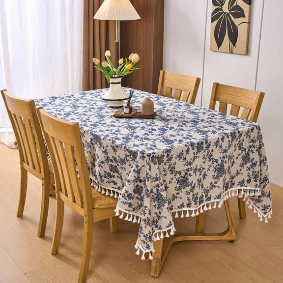 Koniroom Pastoral Square Tablecloth - 60 x 102 Inch - Linen Fabric Table Cloth - Washable Table Cover with Dust-Proof Wrinkle Resistant for Restaurant, Picnic, Indoor and Outdoor Dining (Blue Floral)