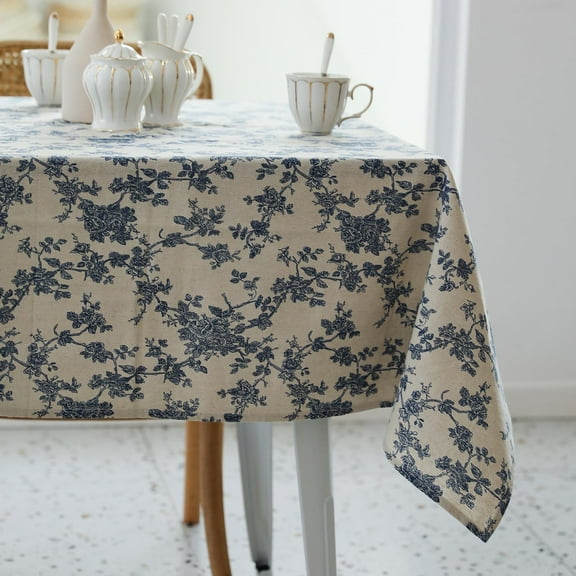Pastoral Rectangle Tablecloth - 60 x 84 Inch - Beige Linen Table Cloth - Washable Table Cover with Dust-Proof Wrinkle Resistant for Restaurant, Picnic, Indoor and Outdoor Dining, Floral (Dark Blue)