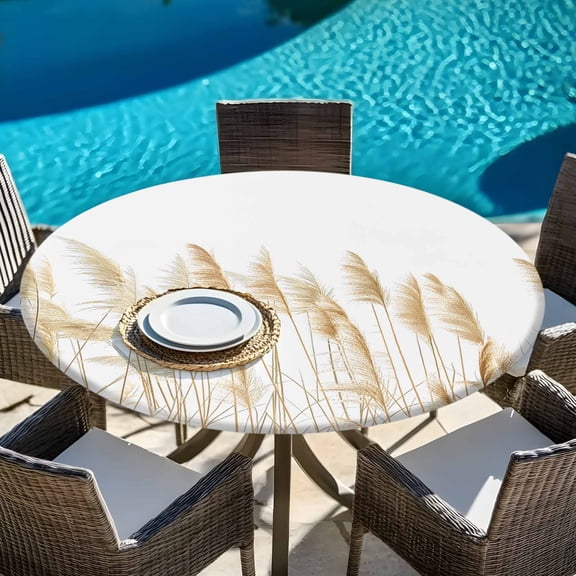 Pastoral Reed Pampas Grass Plant Round Fitted Tablecloth with Elastic Edge,Waterproof Table Cloth Fits Tables Up to 45"-54",Wipeable Table Cover for Indoor Outdoor Dinning,Autumn Botanical on White