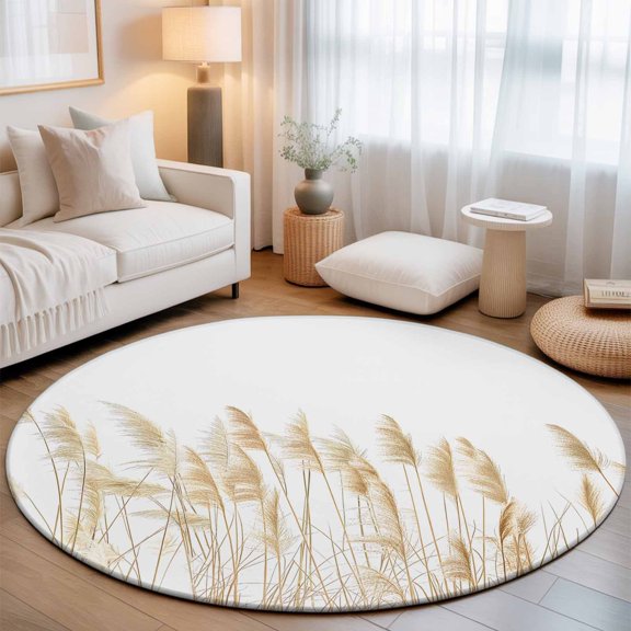Pastoral Reed Pampas Grass Plant Round Rug 5ft Autumn Botanical on White Washable Area Rugs for Living Room Bedroom Entryway Non Slip Entrance Door Mat Indoor Floor Carpet