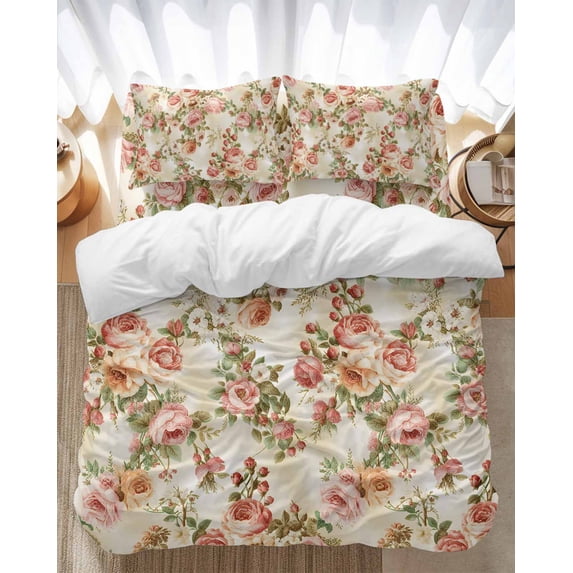 Pastoral Retro Rose Bedding Duvet Cover Set King Size 4 Pieces Vintage Red Flowers Gradient Texture Bedding Set with Zipper Closure, 1 Comforter Cover 92x106 Inches 1 Flat Sheet & 2 Pillow Cases