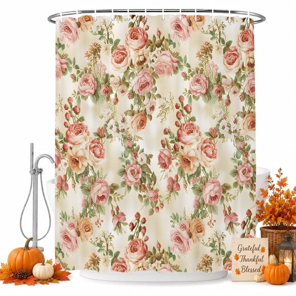 Pastoral Retro Rose Shower Curtain Set with Hooks, Vintage Red Flowers Gradient Texture Sturdy Water Repellent Shower Curtains for Bathroom Bathtub, Machine Washable 72x84 Inch