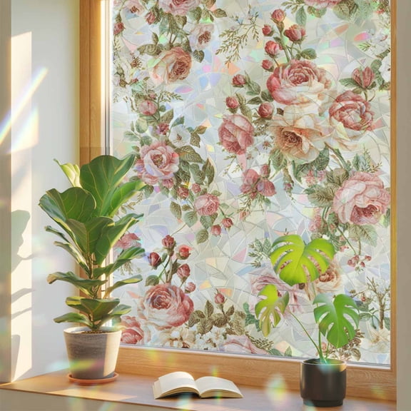 Pastoral Retro Rose Window Privacy Film, Vintage Red Flowers Gradient Texture Stained Glass Holographic Film Decorative Window Clings, Static Cling Sun Blocking Stickers 17.7" x 39.3"