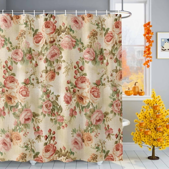 Pastoral Rose Shower Curtains for Bathroom, Vintage Red Flowers Linen Texture Waterproof Fabric Shower Curtain for Bathroom Bathtub Decoration, Machine Washable, 54x"78"