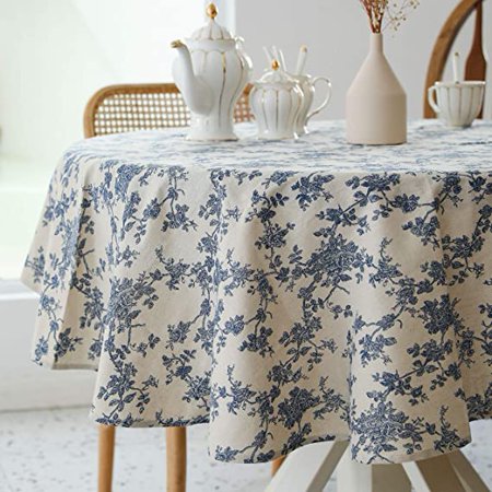 Pastoral Round Tablecloth - 60 Inch Dia. - Linen Fabric Table Cloth - Washable Table Cover with Dust-Proof Wrinkle Resistant for Restaurant, Picnic, Indoor and Outdoor Dining, Floral (Dark Blue) 60" Dia. (Fits 20"Dia. To 48"Dia. Table,2-4 Seats) A - Floral (Dark Blue)