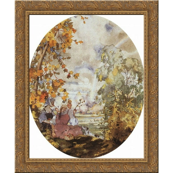 Pastoral Scene with Two Girls 24x20 Gold Ornate Wood Framed Canvas Art by Konstantin Somov