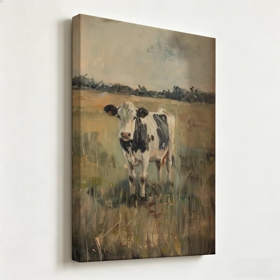 "Pastoral Serenity" Holstein Cow Canvas Art, Rustic Farmhouse Cattle Painting Print, Matte Finish Gallery Wrapped Country Meadow Wall Decor 8*12