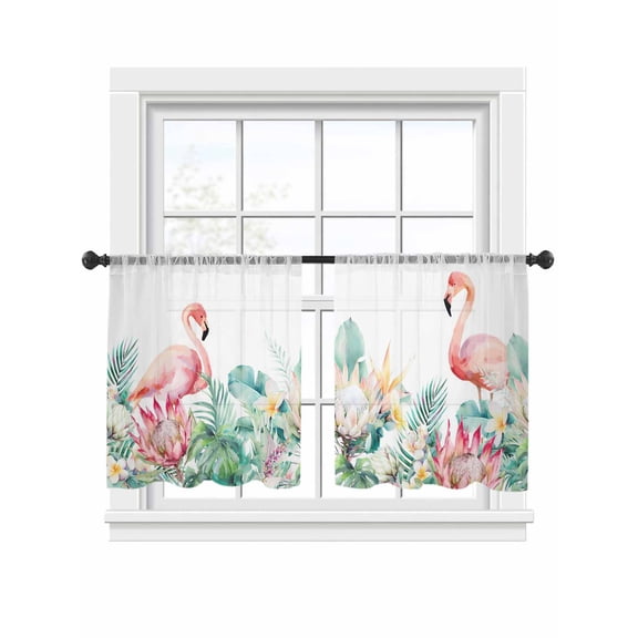 Pastoral Sheer Curtains for Living Room Bedroom, Watercolors Green Tropical Floral Plants Flaming Birds Light Filtering Sheer Curtains, Rod Pocket Voile Window Drapes, 2 Panels Set 52"x 54"