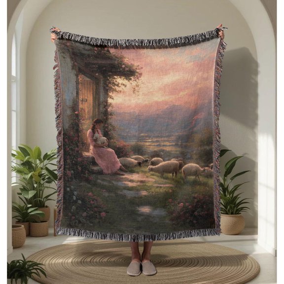 Pastoral Shepherdess and Sheep Pink Sunset Woven Blanket, 100% Cotton, Romantic Cottage Landscape Style