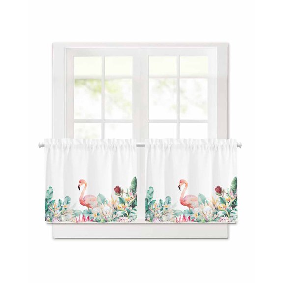 Pastoral Short Blackout Curtains 24 Inch Long Watercolors Green Tropical Floral Plants Flaming Birds, 2 Panels Thermal Insulated Darkening Rod Pocket Drapes for Bedroom, 30"W x 30"L