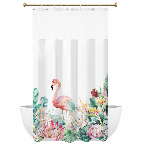 Pastoral Shower Curtain with See Through Top Window Watercolors Green Tropical Floral Plants Flaming Birds Waterproof Fabric Shower Curtains for Bathroom with 12 Hooks Hotel & Spa Decor 36x72 inches
