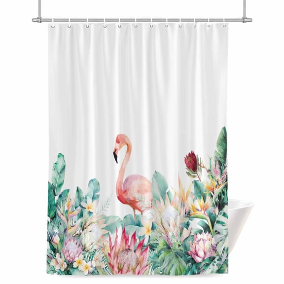 Pastoral Shower Curtain, Watercolors Green Tropical Floral Plants Flaming Birds Waterproof Shower Curtain Set with 12 Hooks Lightweight Bath Curtains Fabric Bathroom Decor 72x78 Inches