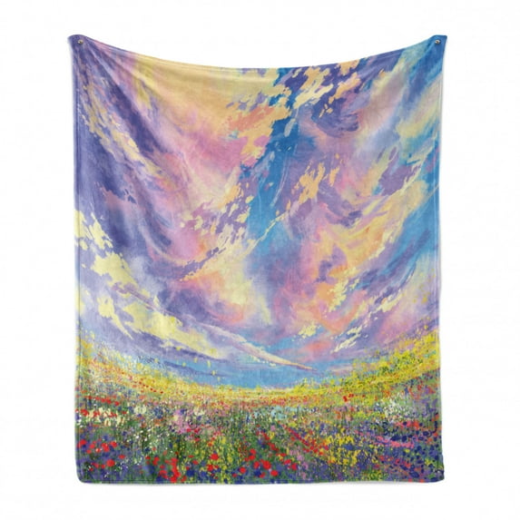 Pastoral Soft Flannel Fleece Blanket, Pastoral Valley Under Surreal Dreamy Sky Floral Fresh Blooming Flourishing Nature, Cozy Plush for Indoor and Outdoor Use, 60" x 80", Multicolor, by Ambesonne