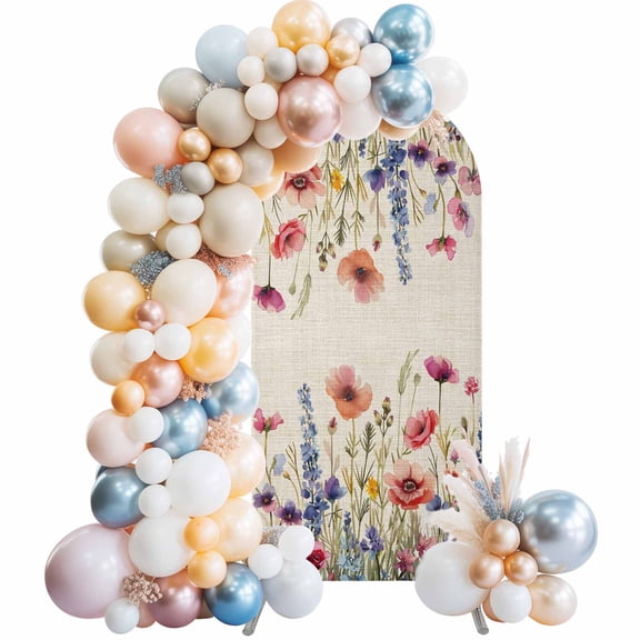 Pastoral Spring Floral Arch Backdrop Cover, Spandex Fitted Wedding Arch Cover, Rustic Summer Flower Botanical Round Top Stand Covers for Birthday Ceremony Bridal Shower Party Decor 5x2.1 Ft