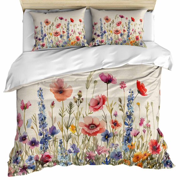 Pastoral Spring Floral Bedding 3 Piece Duvet Cover Set Full Size, Rustic Summer Flower Botanical Soft Microfiber Comforter Cover with Zipper Closure & Pillowcases, Wrinkle & FadeResistant Quilt Cover