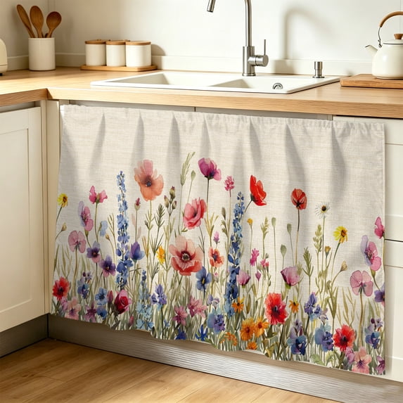 Pastoral Spring Floral Cabinet Curtain 32"Wx55"L,Dustproof Pantry Door Curtain W/ Self Adhesive Tape,Rustic Summer Flower Botanical Tall Storage Cover Privacy Drape for Bathroom Kitchen Laundry Room