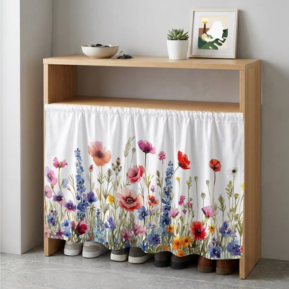 Pastoral Spring Floral Cabinet Curtain 35"Wx35"L,Dustproof Under Sink Skirt with Self Adhesive Tape,Elegant Summer Flower Botanical Cabinet Curtain Cover for Kitchen Sink,Bathroom Vanity,Laundry Room