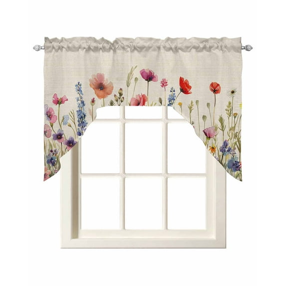 Pastoral Spring Floral Kitchen Swag Valances for Windows, Rustic Summer Flower Botanical Swag Valances Curtains for Living Room, Rod Pocket Window Treatments for Bathroom, Bedroom, Cafe, 56"x36"