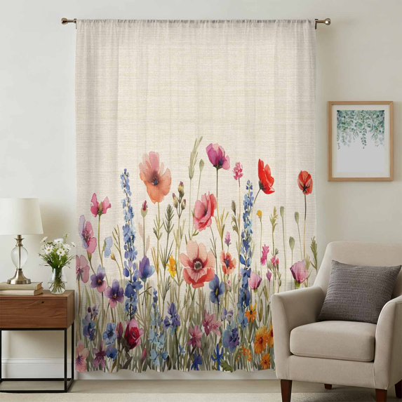 Pastoral Spring Floral Sheer Curtains 72 Inches Long, Rustic Summer Flower Botanical Light Filering Curtains, Breathable Simi Curtain Privacy Drapes for Living Room Bedroom Window Treatment